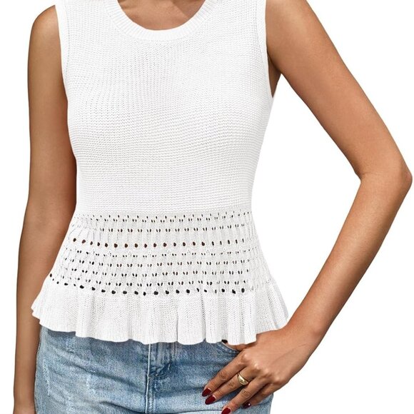 Womens Crochet Crop Tank Tops Sleeveless Crew Neck Ruffle Summer Boho Knit Sweat - Picture 1 of 6
